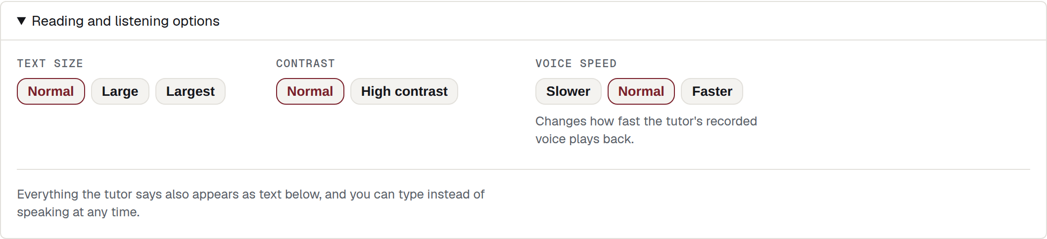 The Reading and listening options panel opened, showing Text size with Normal, Large and Largest; Contrast with Normal and High contrast; Voice speed with Slower, Normal and Faster; and a closing line about everything spoken also appearing as text.